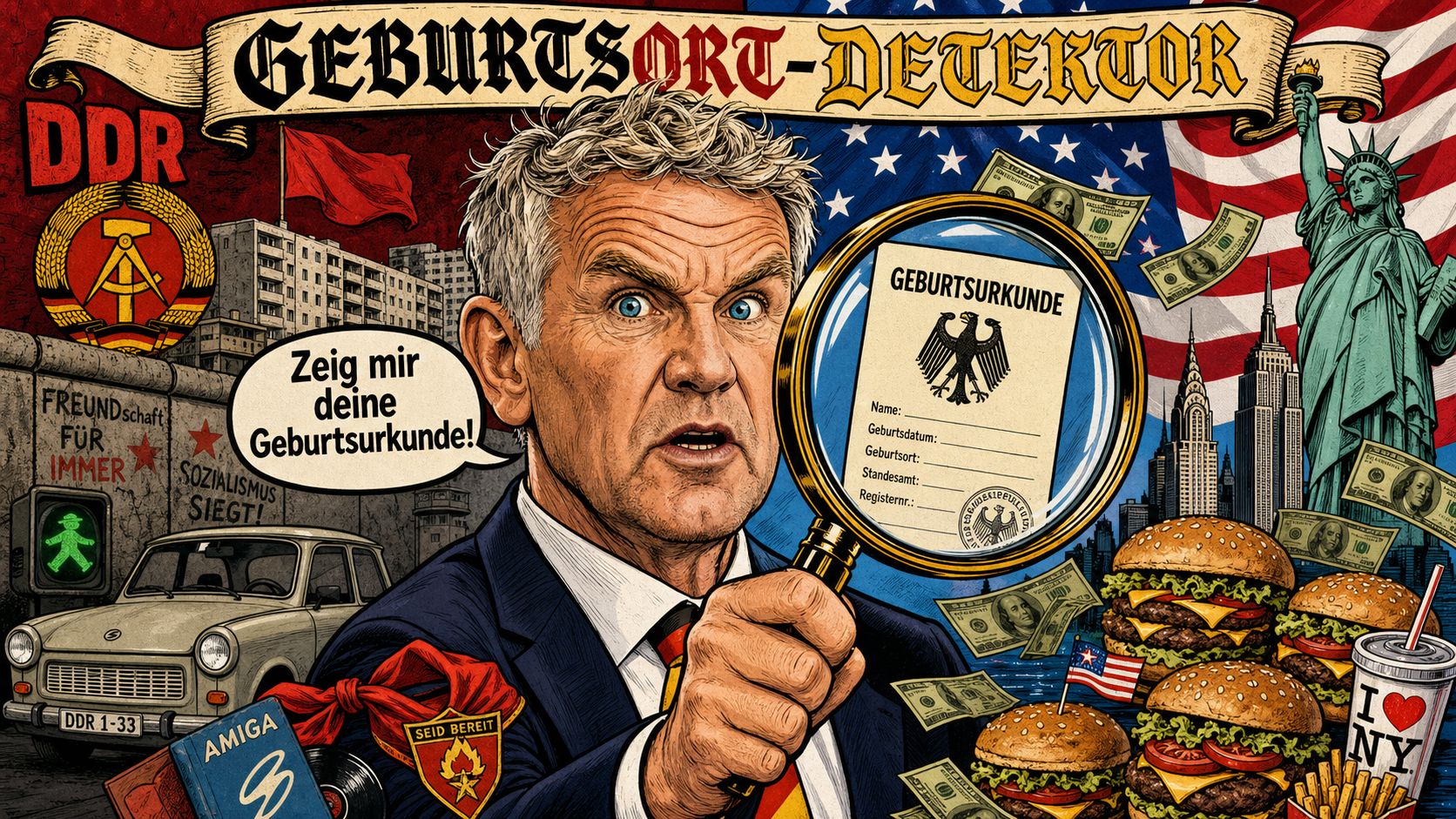 Geburtsort-Detektor – Satirische Karikatur